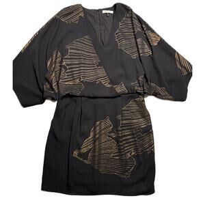 Halston Heritage Kimono-sleeve Dress in black and metallic floral pattern.